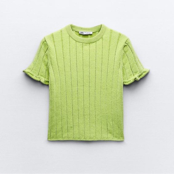 ZARA Ribbed Chenille Crop Top - Light Green - Picture 2 of 6